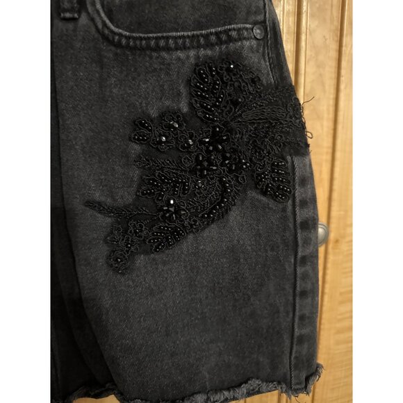 Guess Womens Black Denim Embroidered Skirt With Frayed Hem Size M - Picture 3 of 6